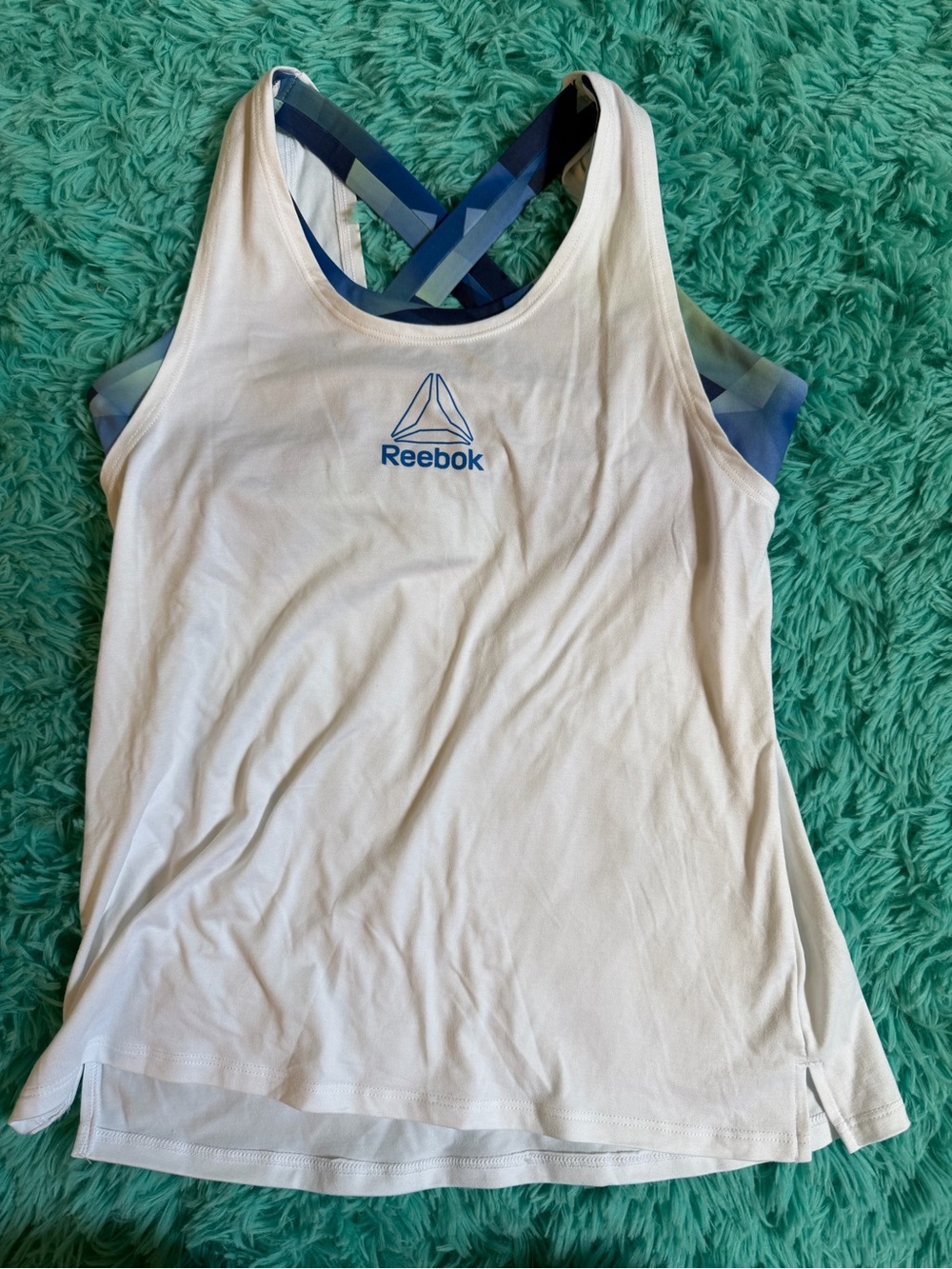 Reebok White Tank Top with built in Blue sports bra, like new